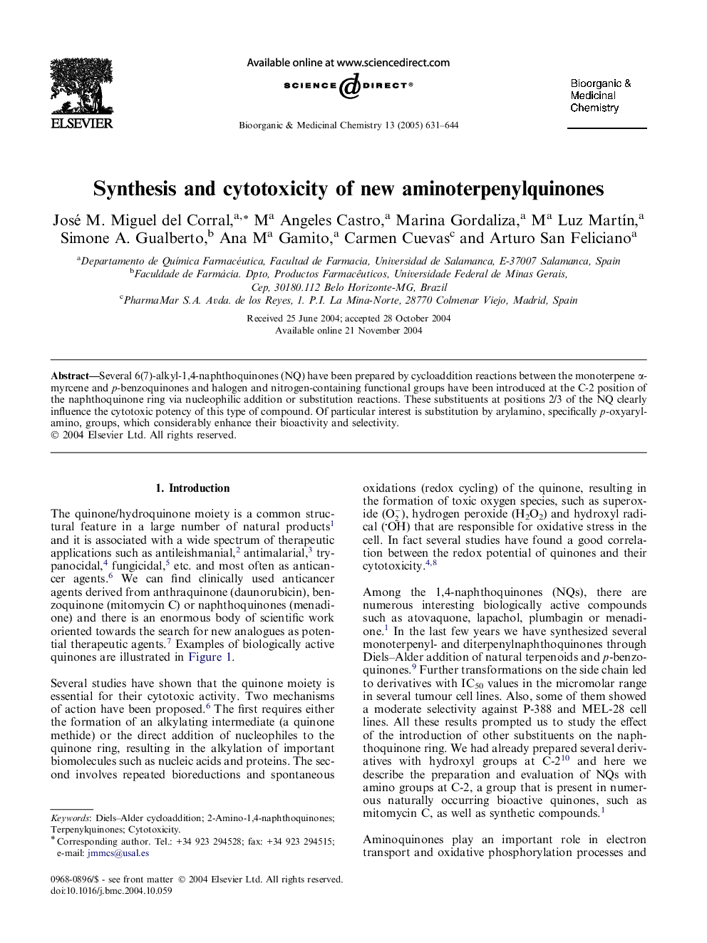 Synthesis and cytotoxicity of new aminoterpenylquinones
