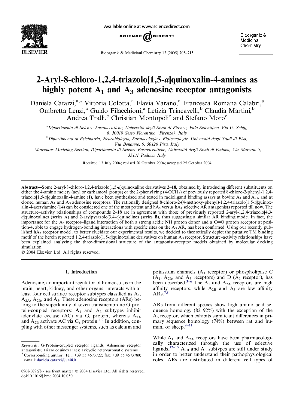 2-Aryl-8-chloro-1,2,4-triazolo[1,5-a]quinoxalin-4-amines as highly potent A1 and A3 adenosine receptor antagonists