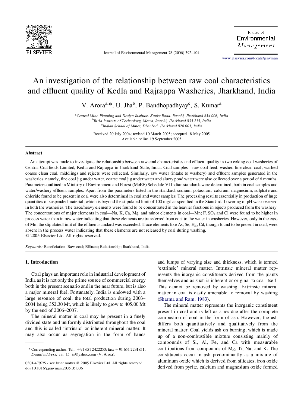 An investigation of the relationship between raw coal characteristics and effluent quality of Kedla and Rajrappa Washeries, Jharkhand, India