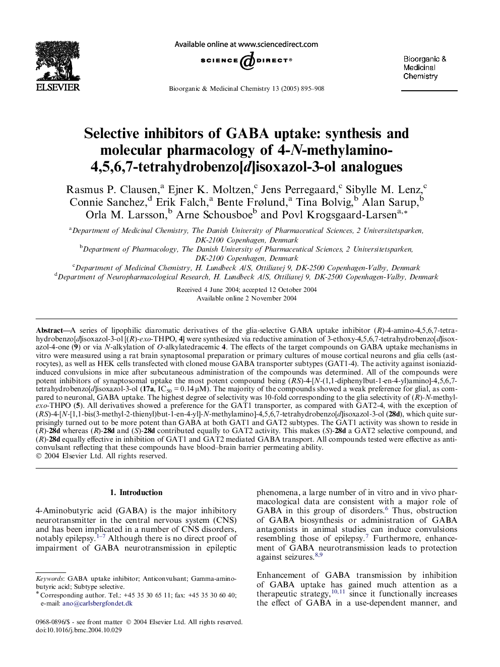 Selective inhibitors of GABA uptake: synthesis and molecular pharmacology of 4-N-methylamino-4,5,6,7-tetrahydrobenzo[d]isoxazol-3-ol analogues