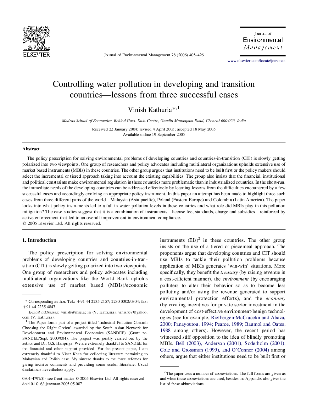 Controlling water pollution in developing and transition countries—lessons from three successful cases