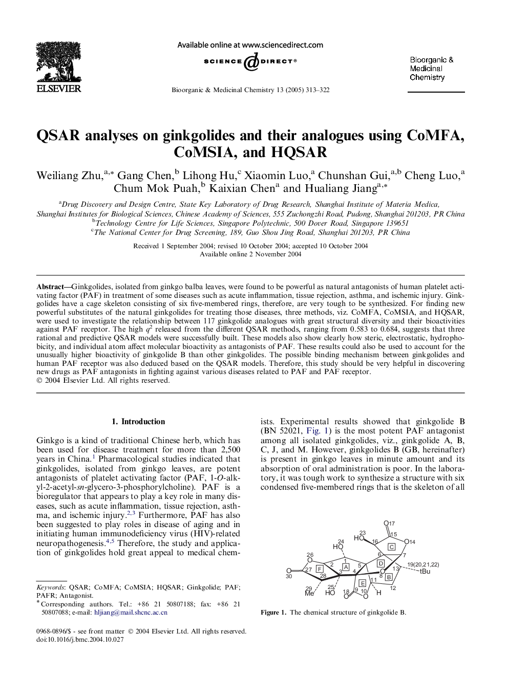 QSAR analyses on ginkgolides and their analogues using CoMFA, CoMSIA, and HQSAR