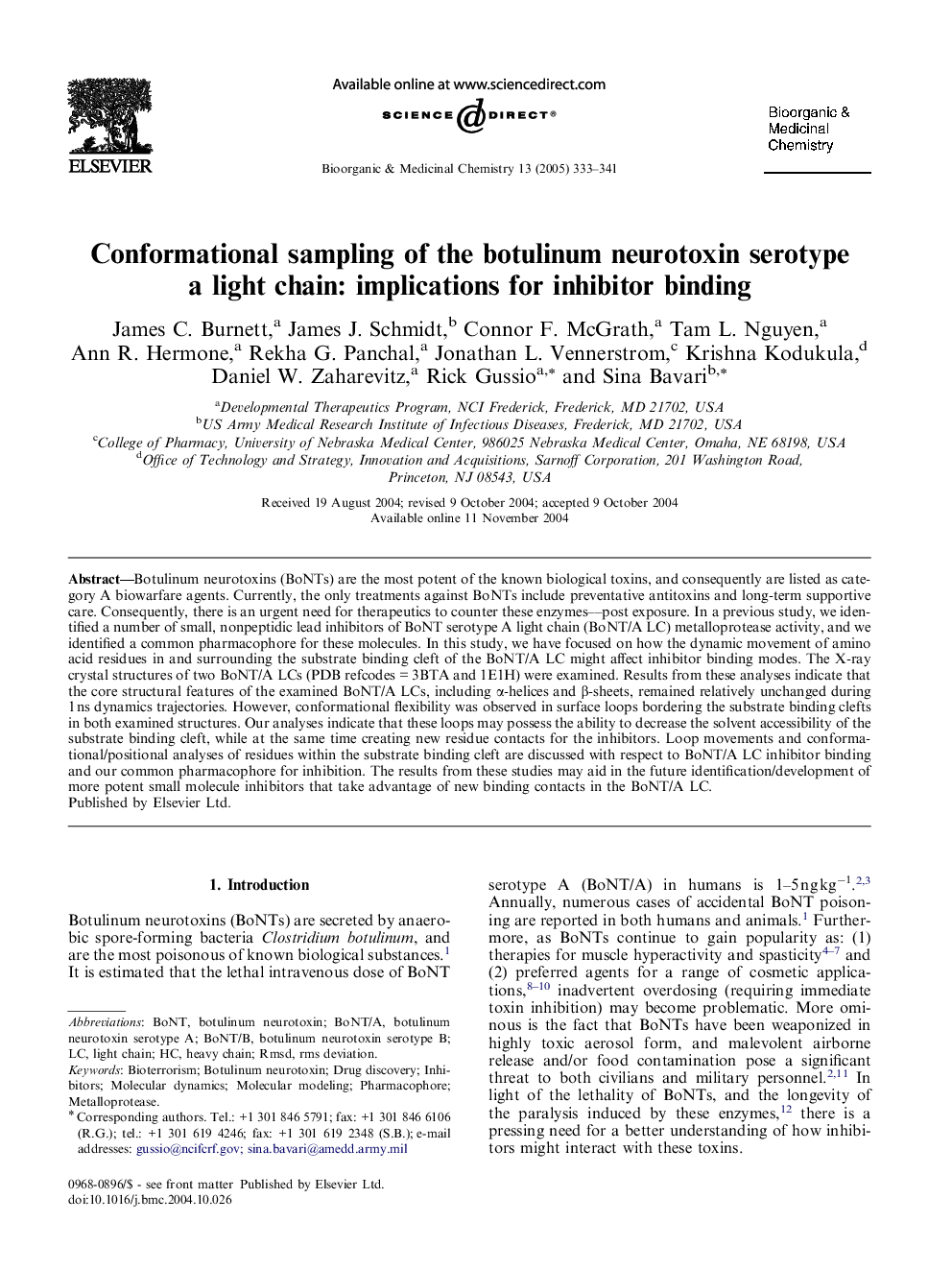 Conformational sampling of the botulinum neurotoxin serotype a light chain: implications for inhibitor binding