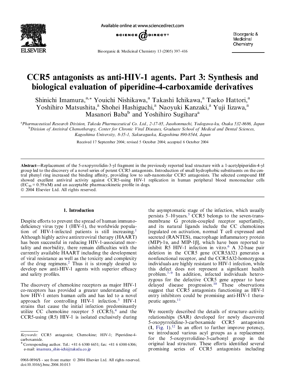 CCR5 antagonists as anti-HIV-1 agents. Part 3: Synthesis and biological evaluation of piperidine-4-carboxamide derivatives