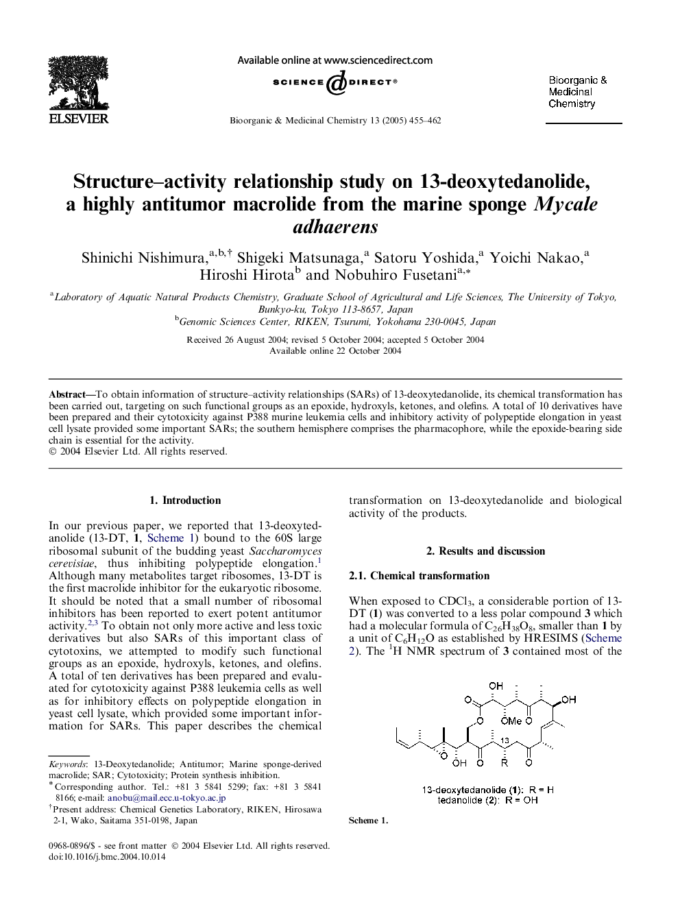 Structure-activity relationship study on 13-deoxytedanolide, a highly antitumor macrolide from the marine sponge Mycale adhaerens