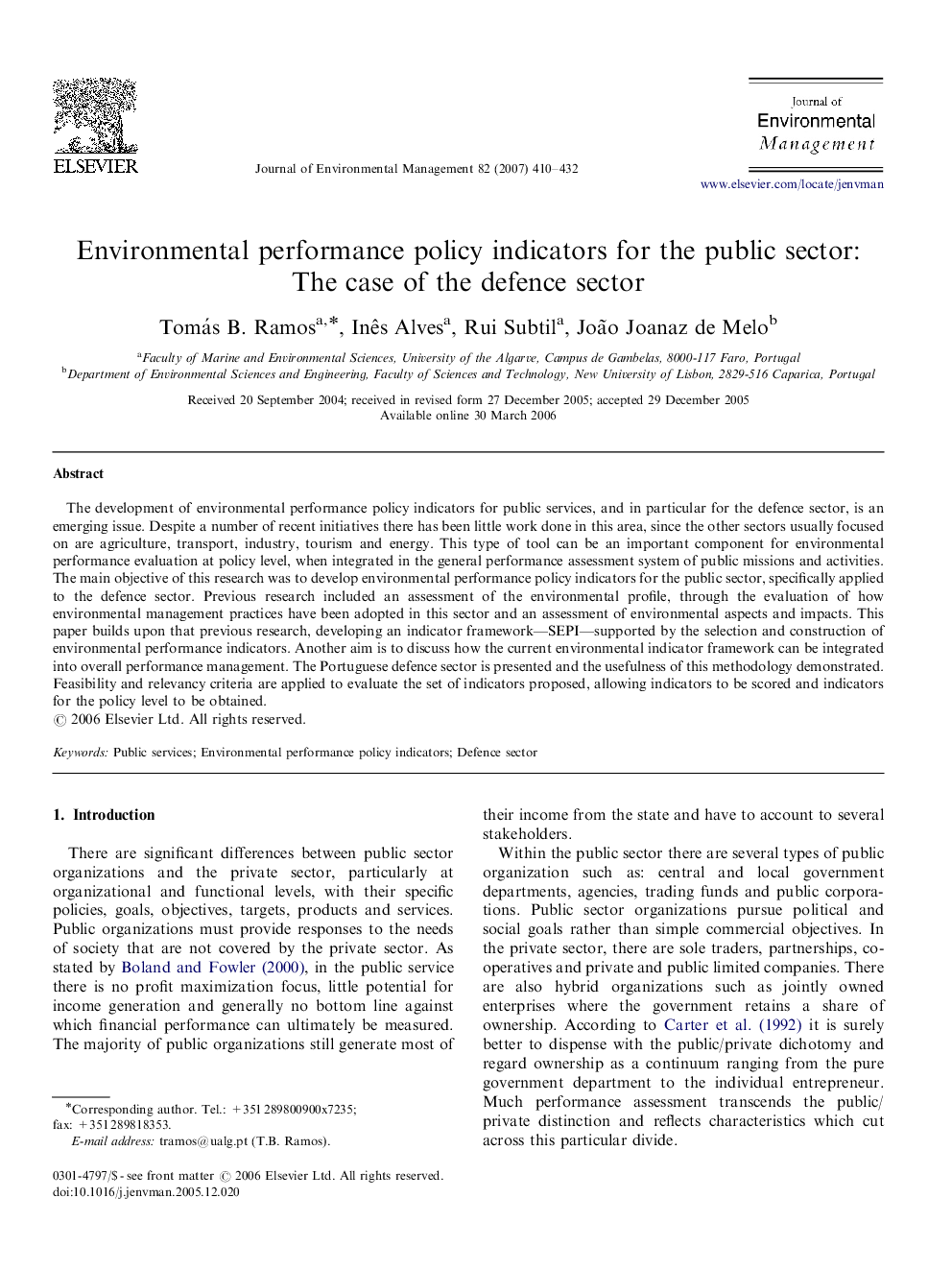 Environmental performance policy indicators for the public sector: The case of the defence sector