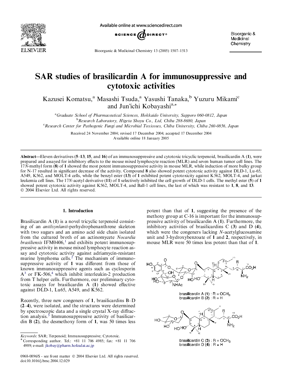 SAR studies of brasilicardin A for immunosuppressive and cytotoxic activities