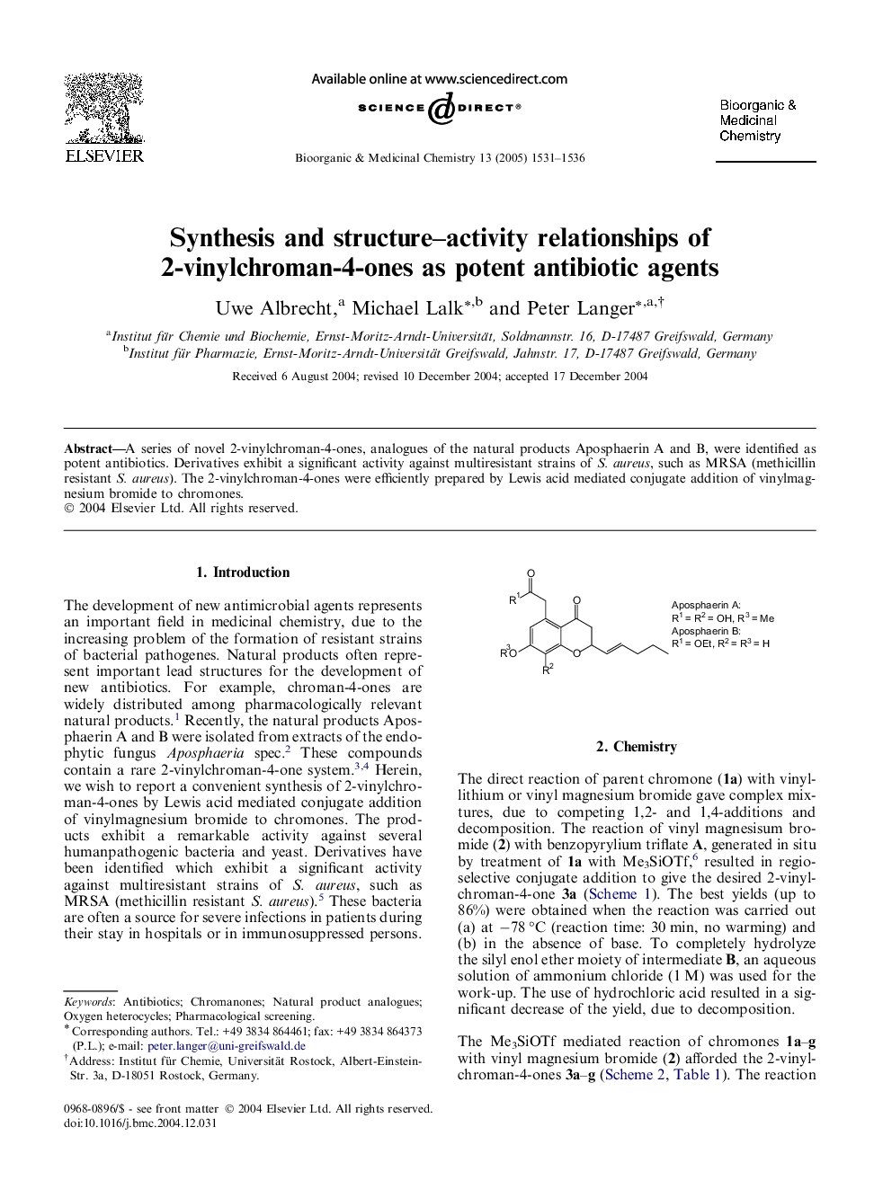 عکس صفحه اول مقاله: Synthesis and structure-activity relationships of 2-vinylchroman-4-ones as potent antibiotic agents Synthesis and structure-activity relationships of 2-vinylchroman-4-ones as potent antibiotic agents