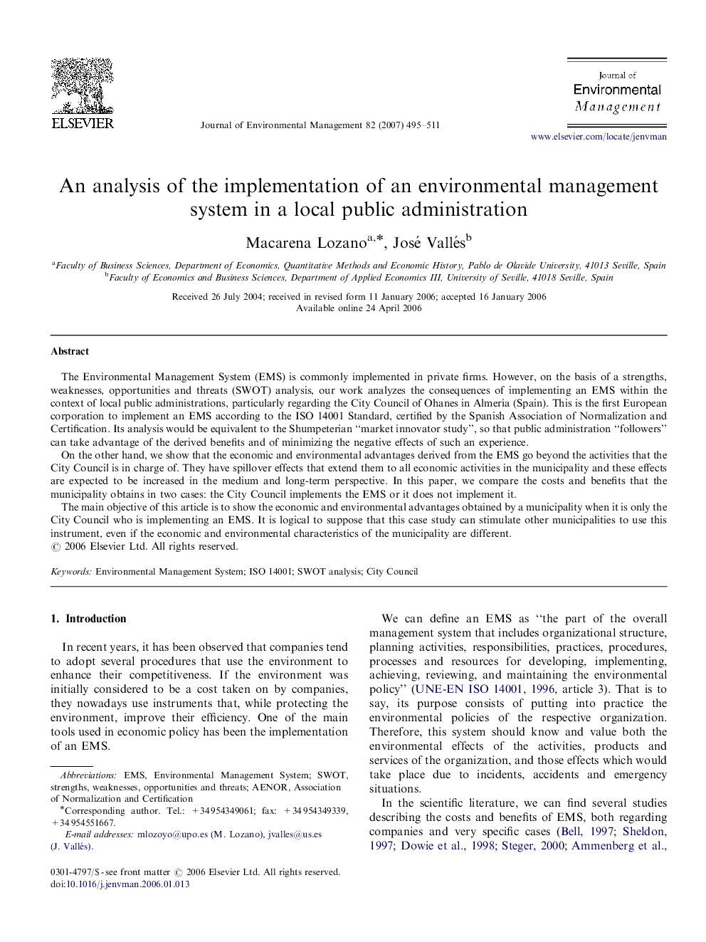 An analysis of the implementation of an environmental management system in a local public administration