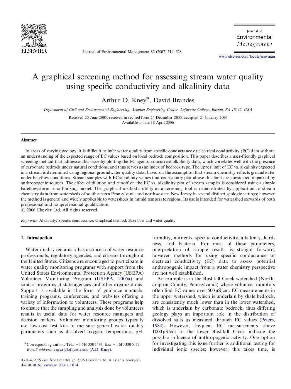 A graphical screening method for assessing stream water quality using specific conductivity and alkalinity data