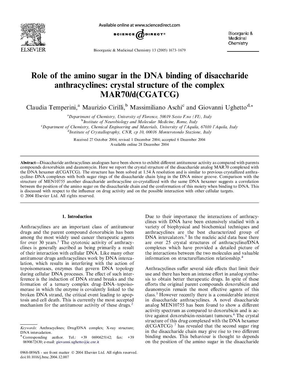 Role of the amino sugar in the DNA binding of disaccharide anthracyclines: crystal structure of the complex MAR70/d(CGATCG)