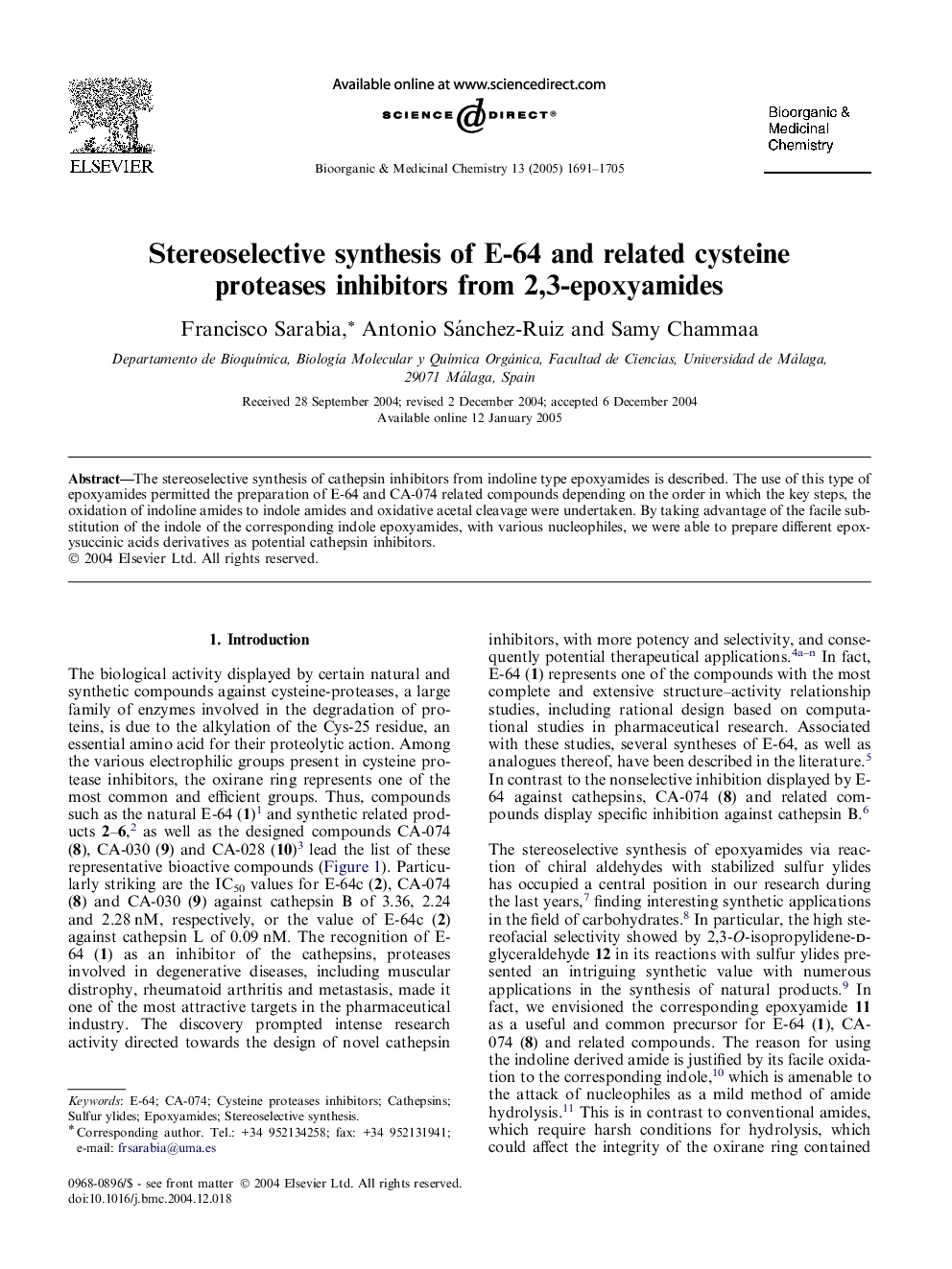 Stereoselective synthesis of E-64 and related cysteine proteases inhibitors from 2,3-epoxyamides