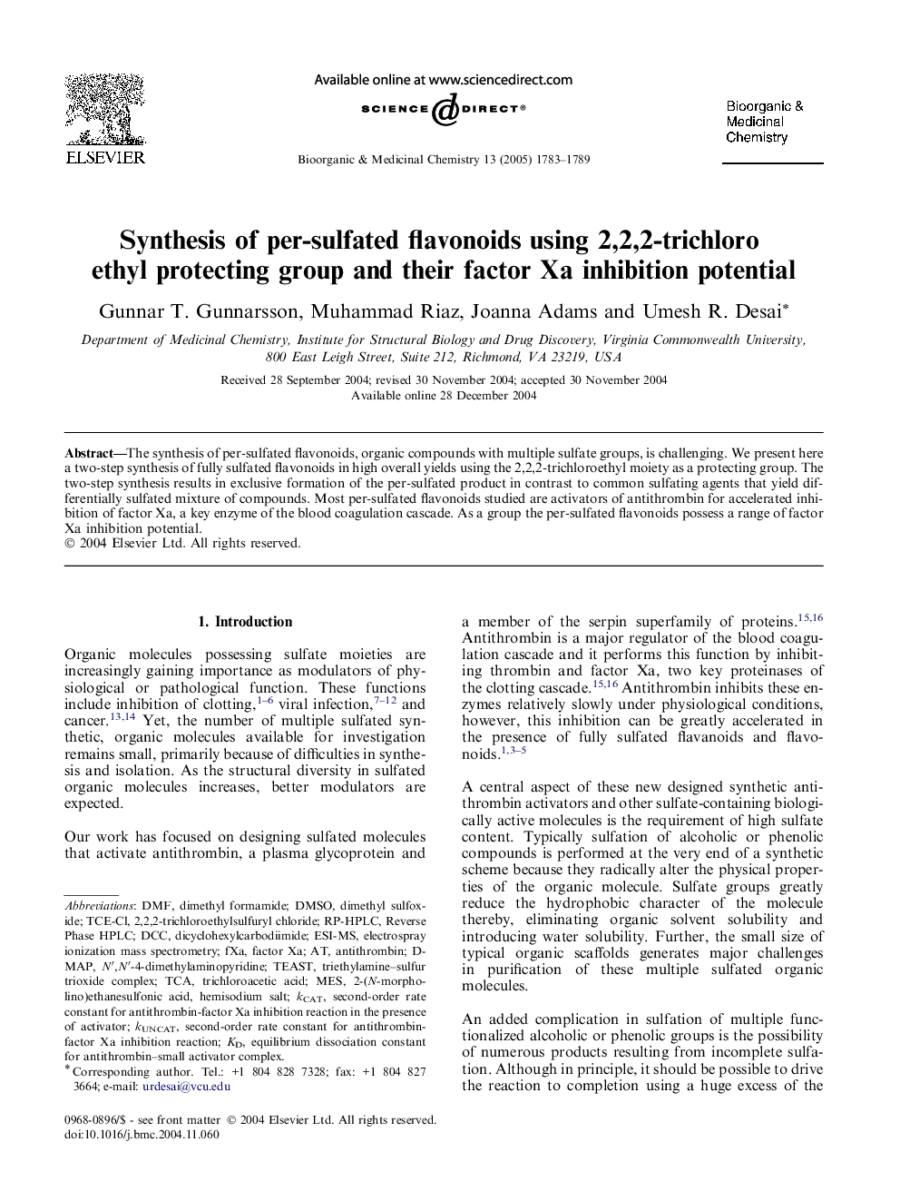 Synthesis of per-sulfated flavonoids using 2,2,2-trichloro ethyl protecting group and their factor Xa inhibition potential