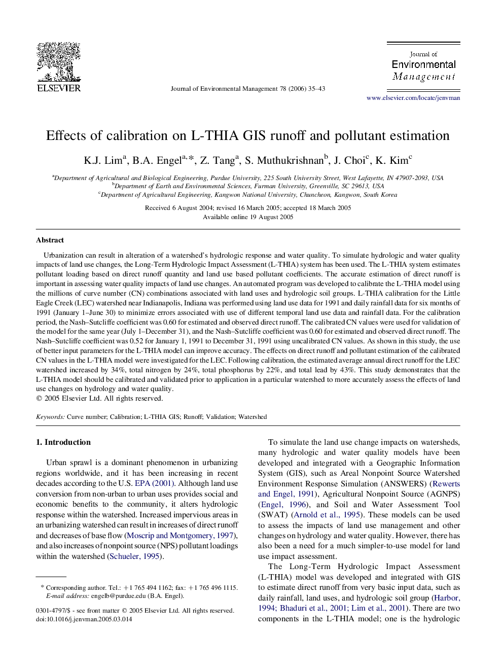 Effects of calibration on L-THIA GIS runoff and pollutant estimation