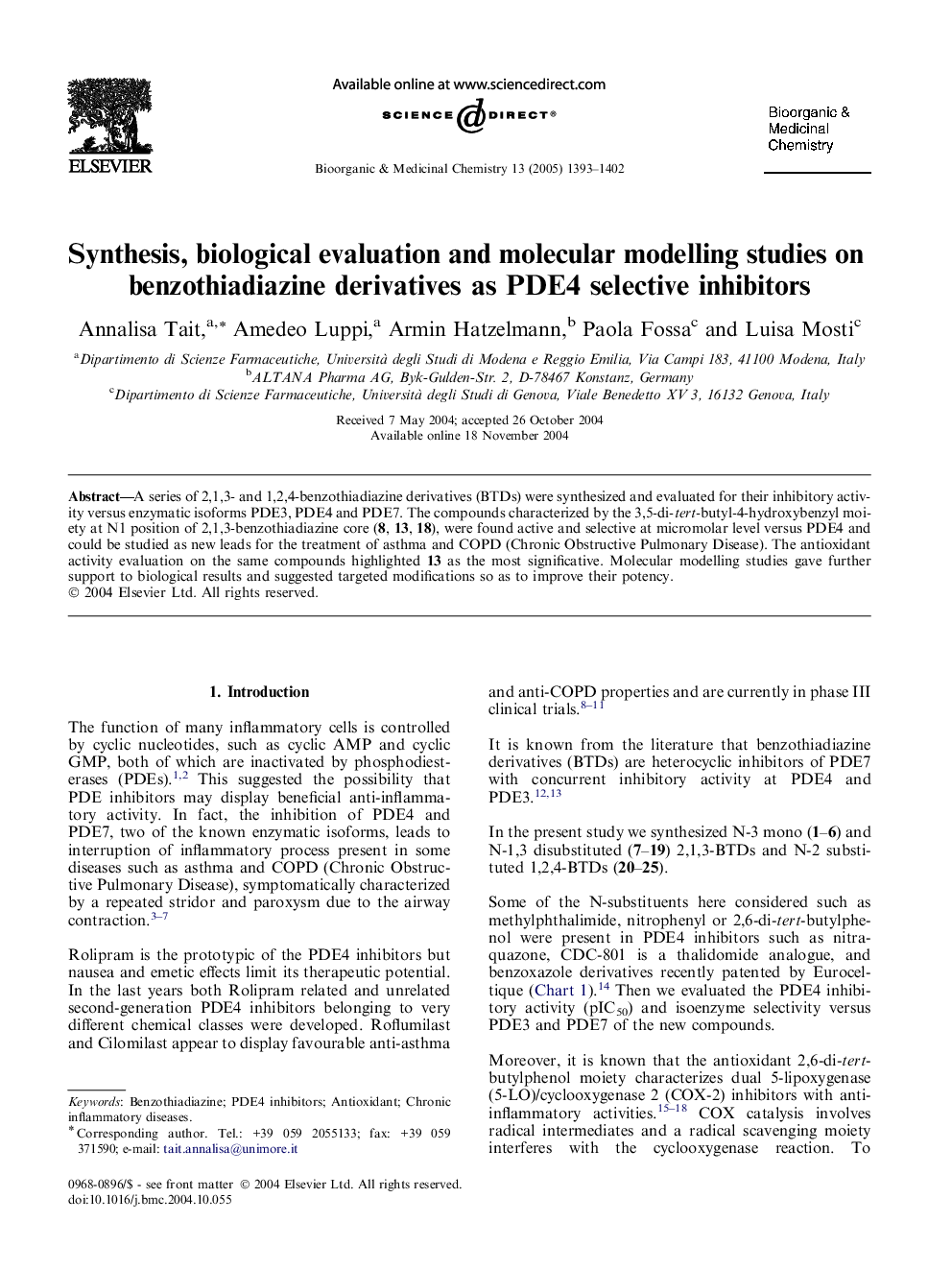 Synthesis, biological evaluation and molecular modelling studies on benzothiadiazine derivatives as PDE4 selective inhibitors