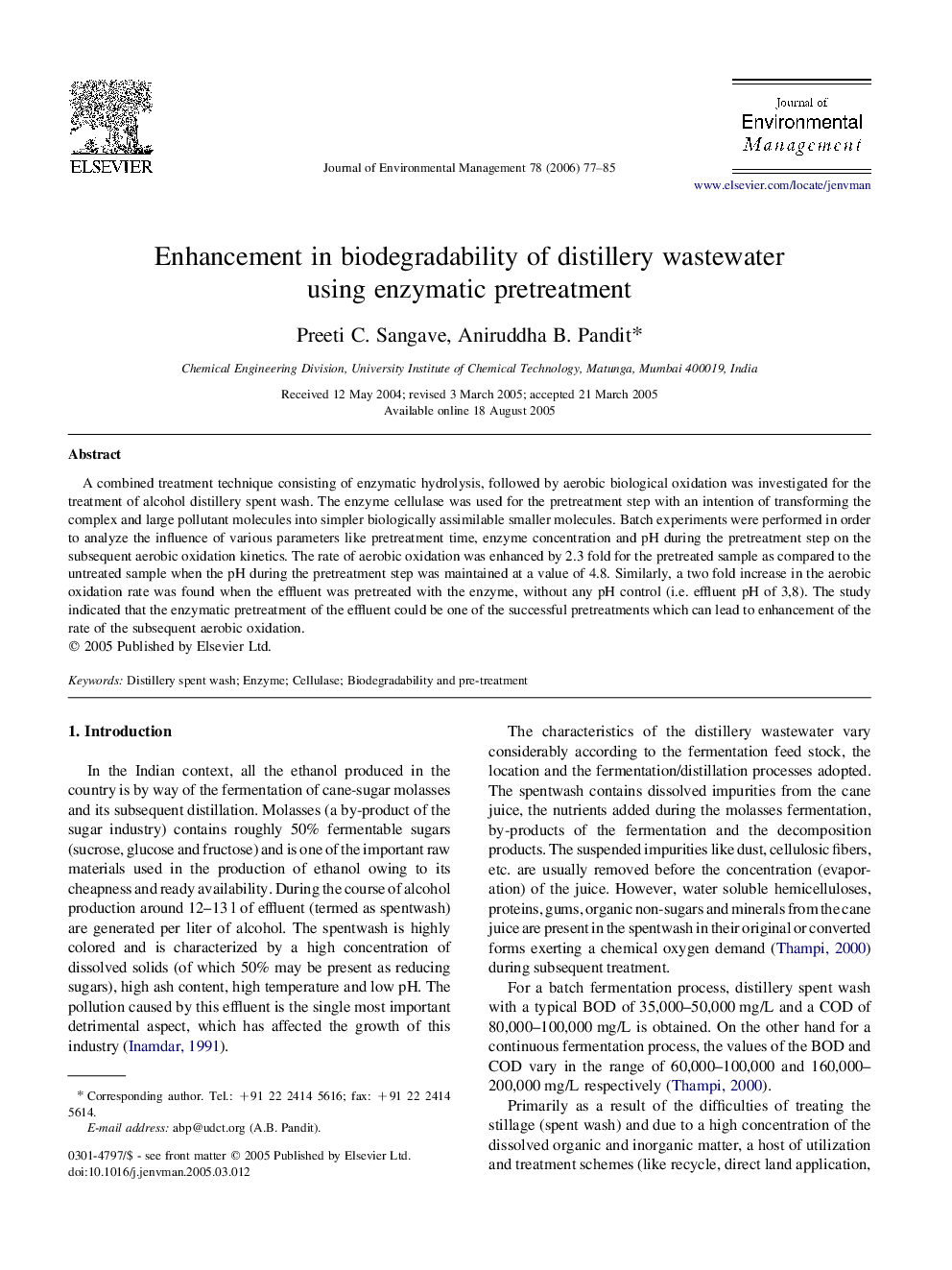 Enhancement in biodegradability of distillery wastewater using enzymatic pretreatment