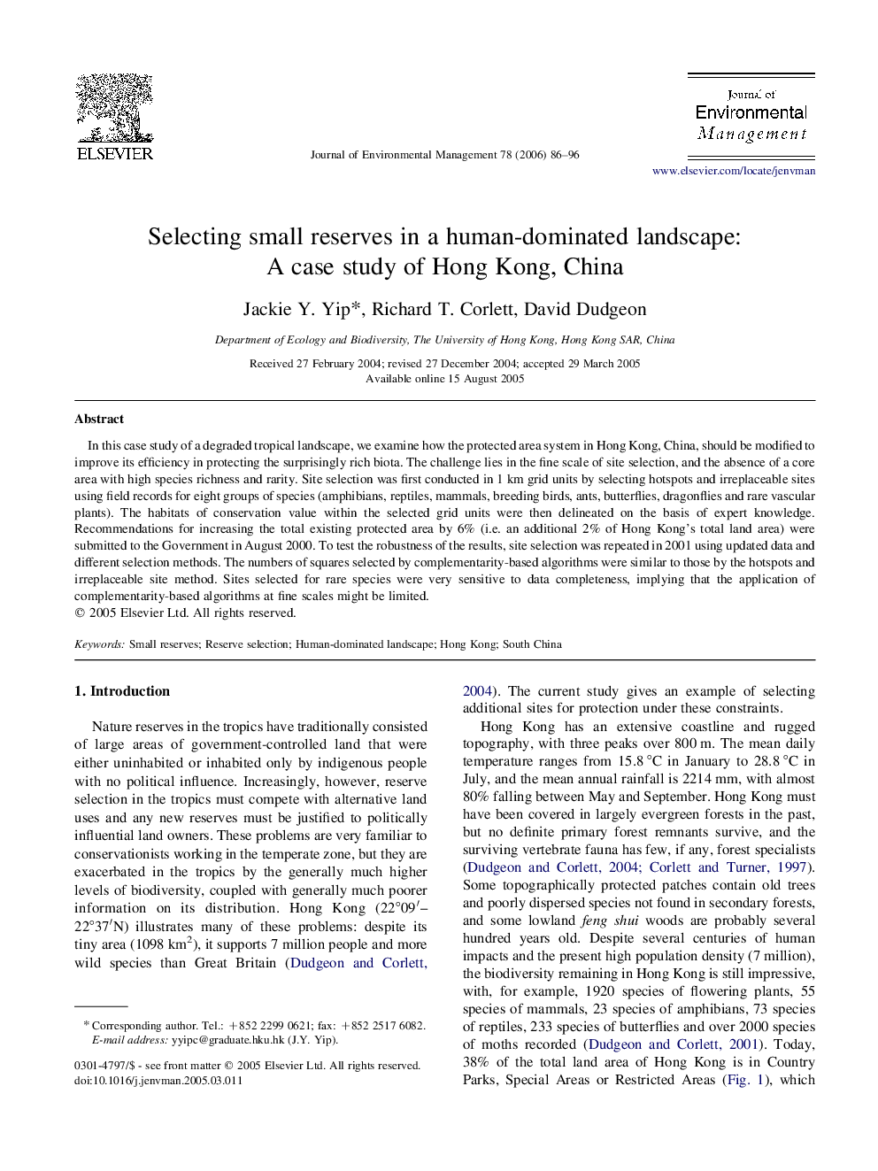 Selecting small reserves in a human-dominated landscape: A case study of Hong Kong, China