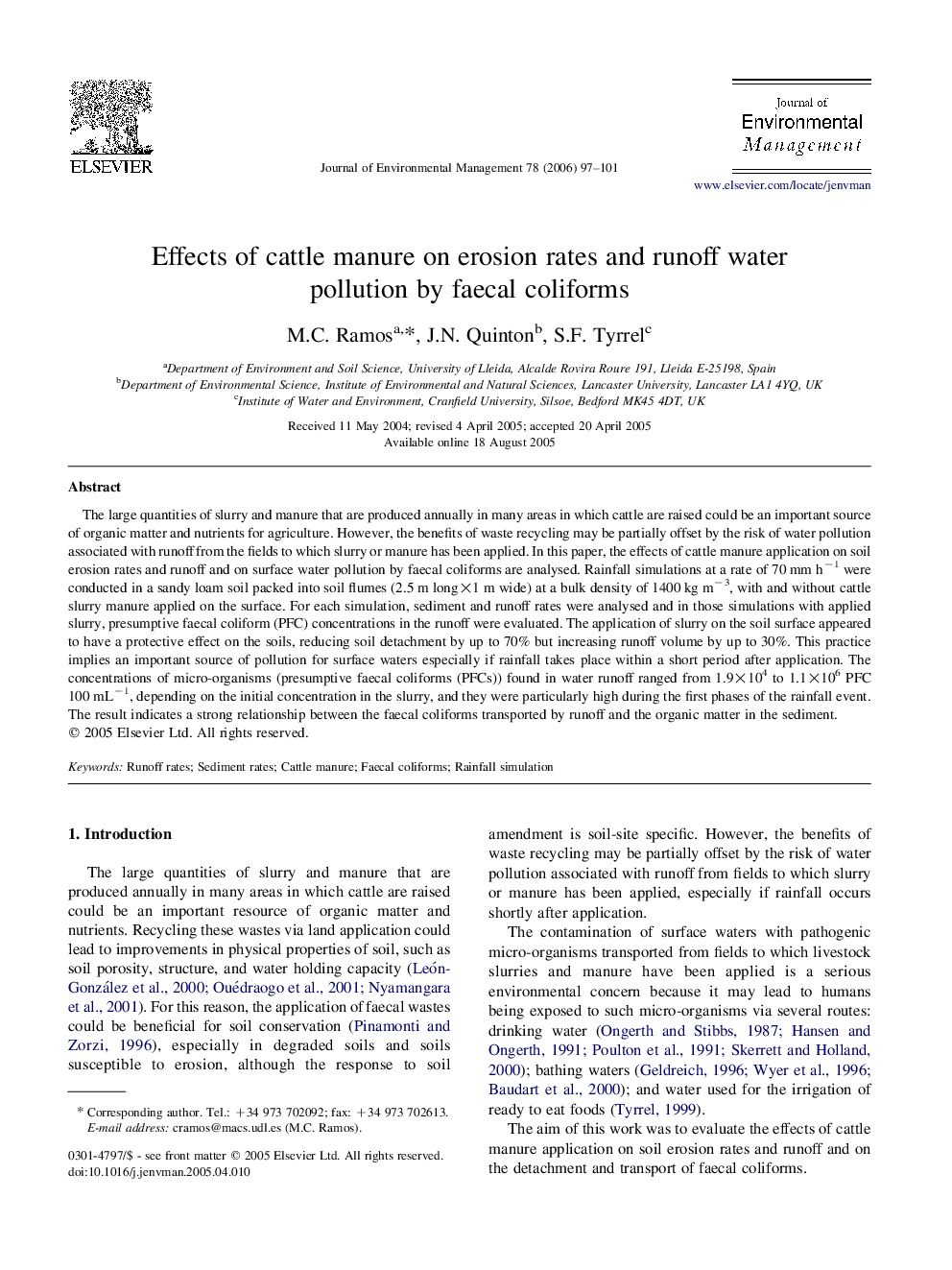 Effects of cattle manure on erosion rates and runoff water pollution by faecal coliforms