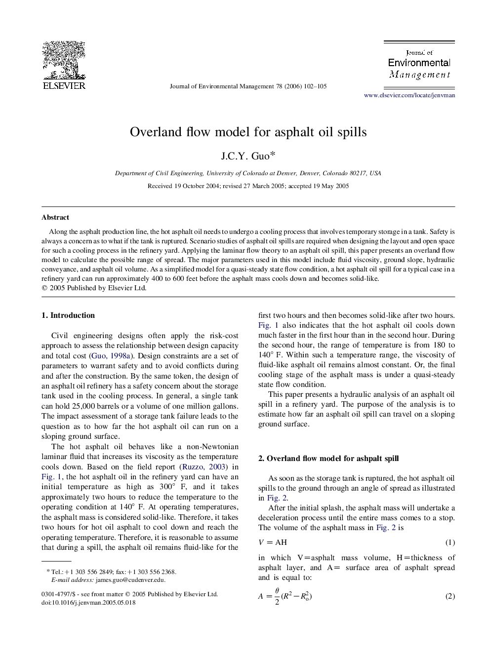 Overland flow model for asphalt oil spills