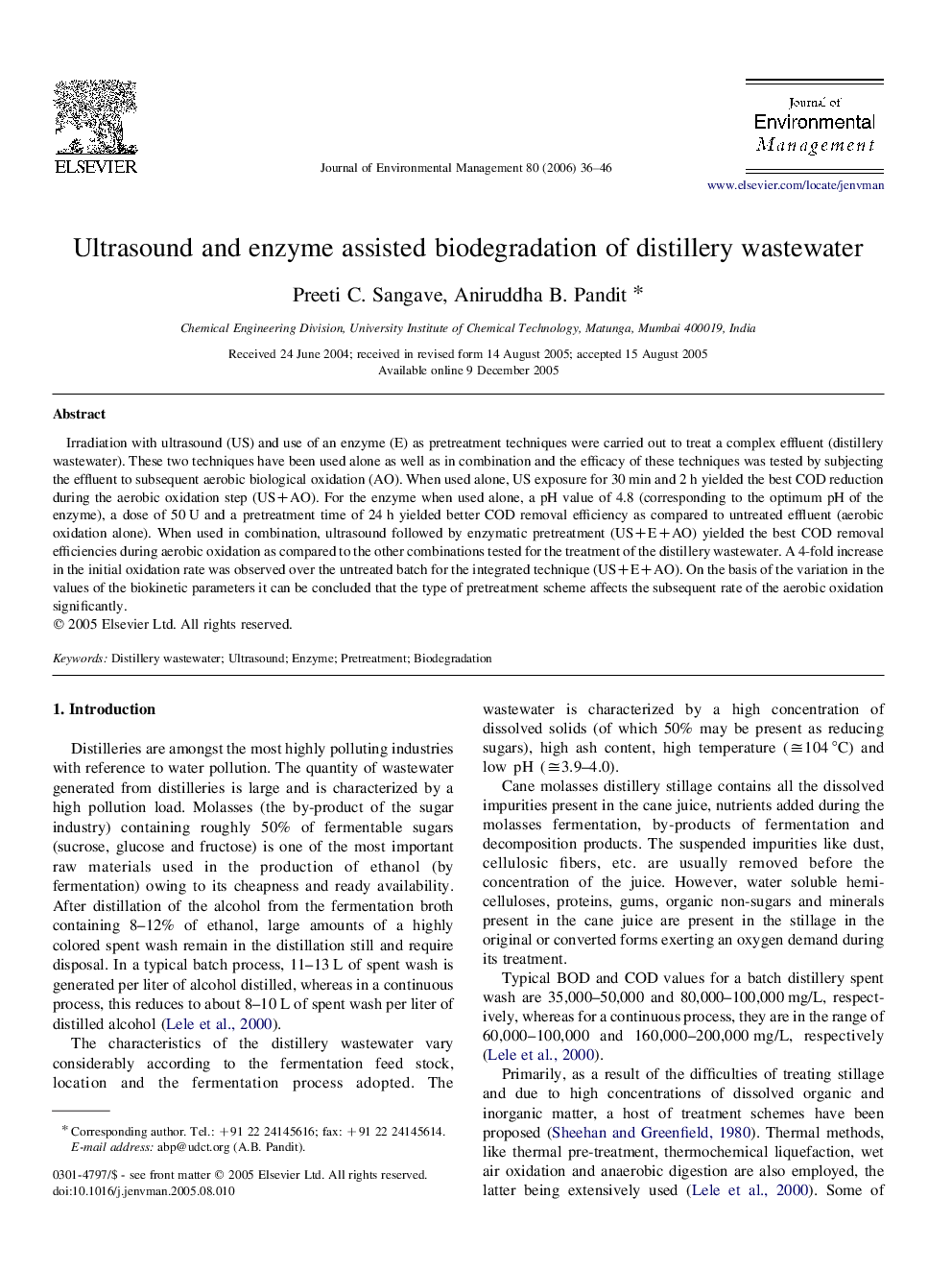 Ultrasound and enzyme assisted biodegradation of distillery wastewater