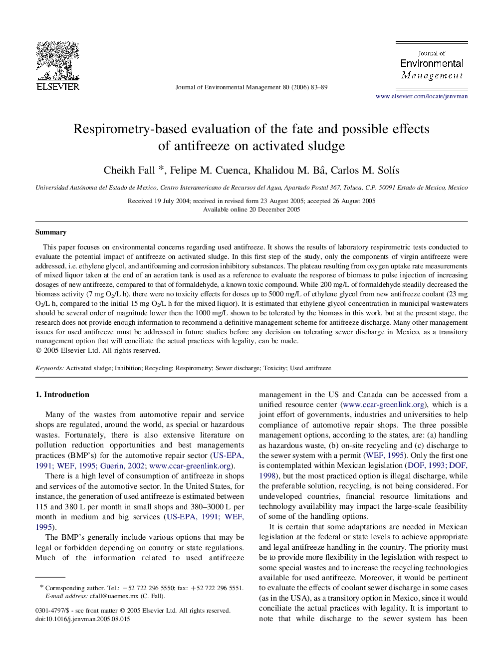 Respirometry-based evaluation of the fate and possible effects of antifreeze on activated sludge