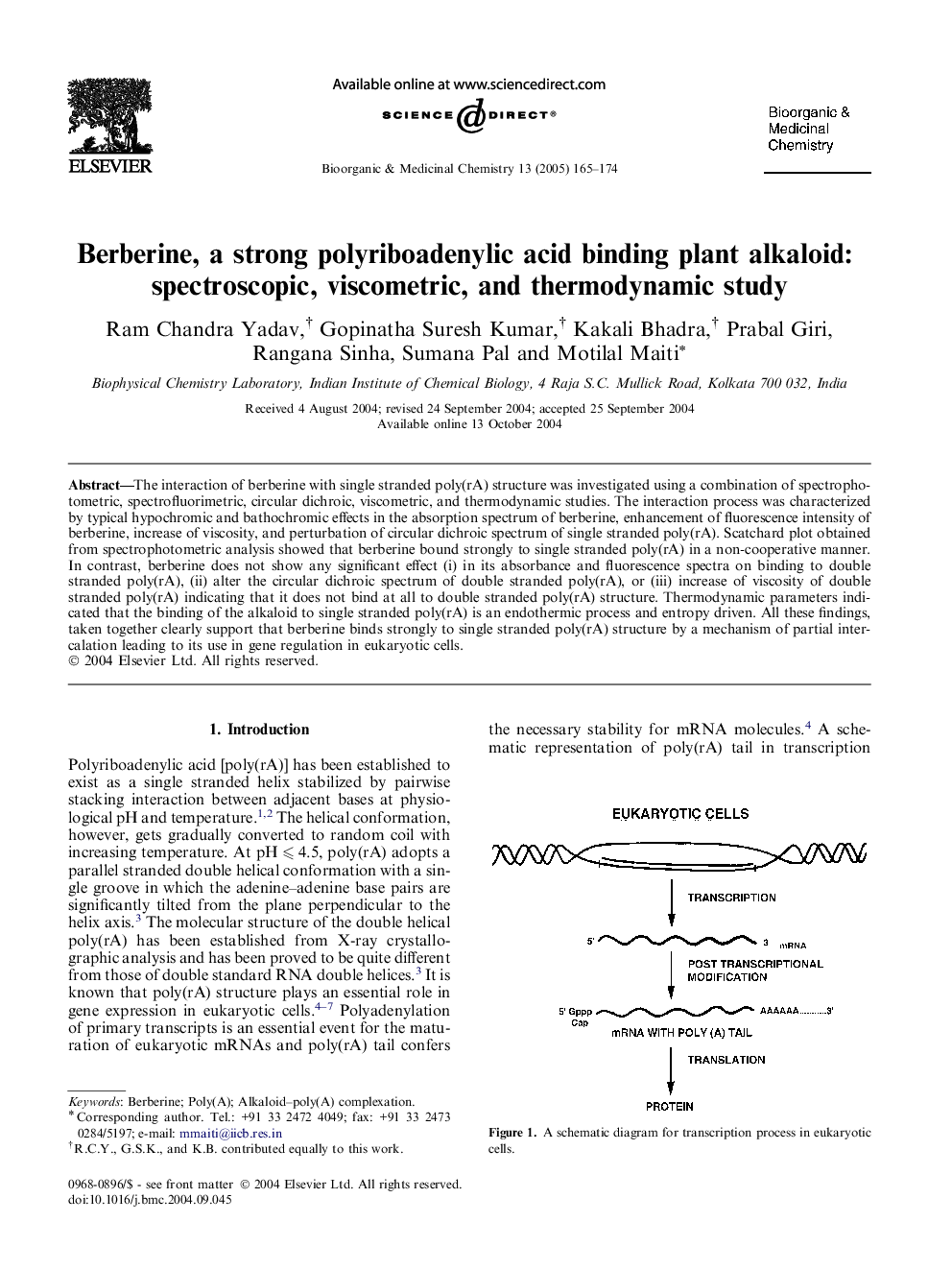 Berberine, a strong polyriboadenylic acid binding plant alkaloid: spectroscopic, viscometric, and thermodynamic study