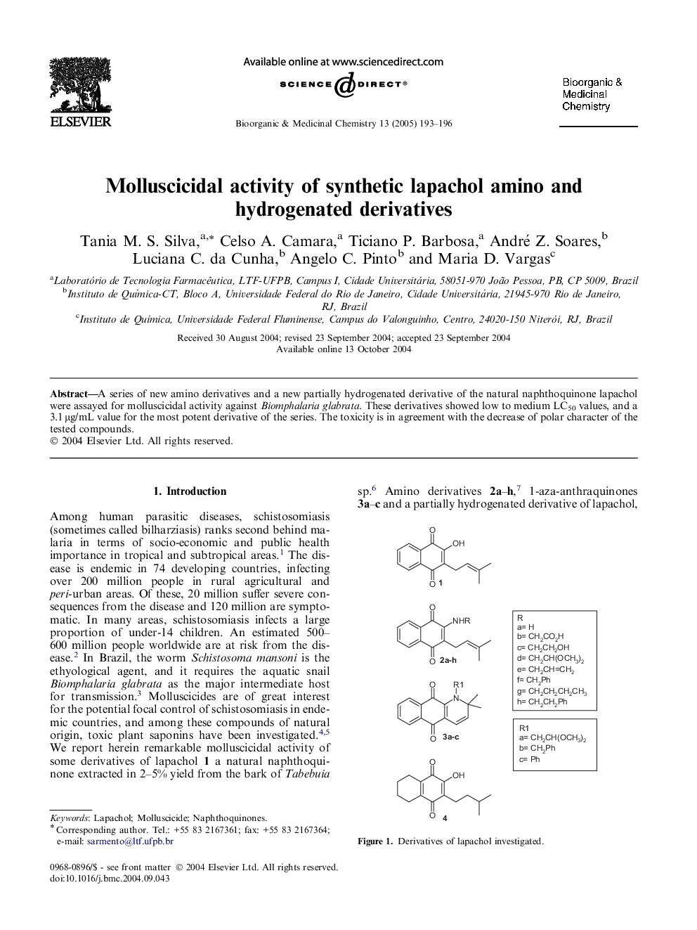 Molluscicidal activity of synthetic lapachol amino and hydrogenated derivatives