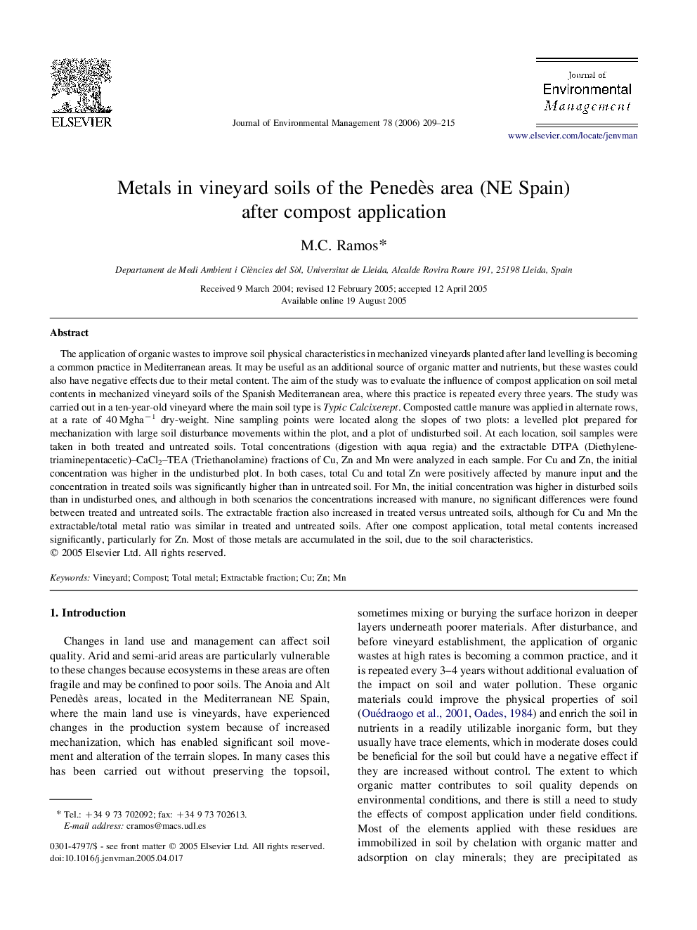 Metals in vineyard soils of the Penedès area (NE Spain) after compost application