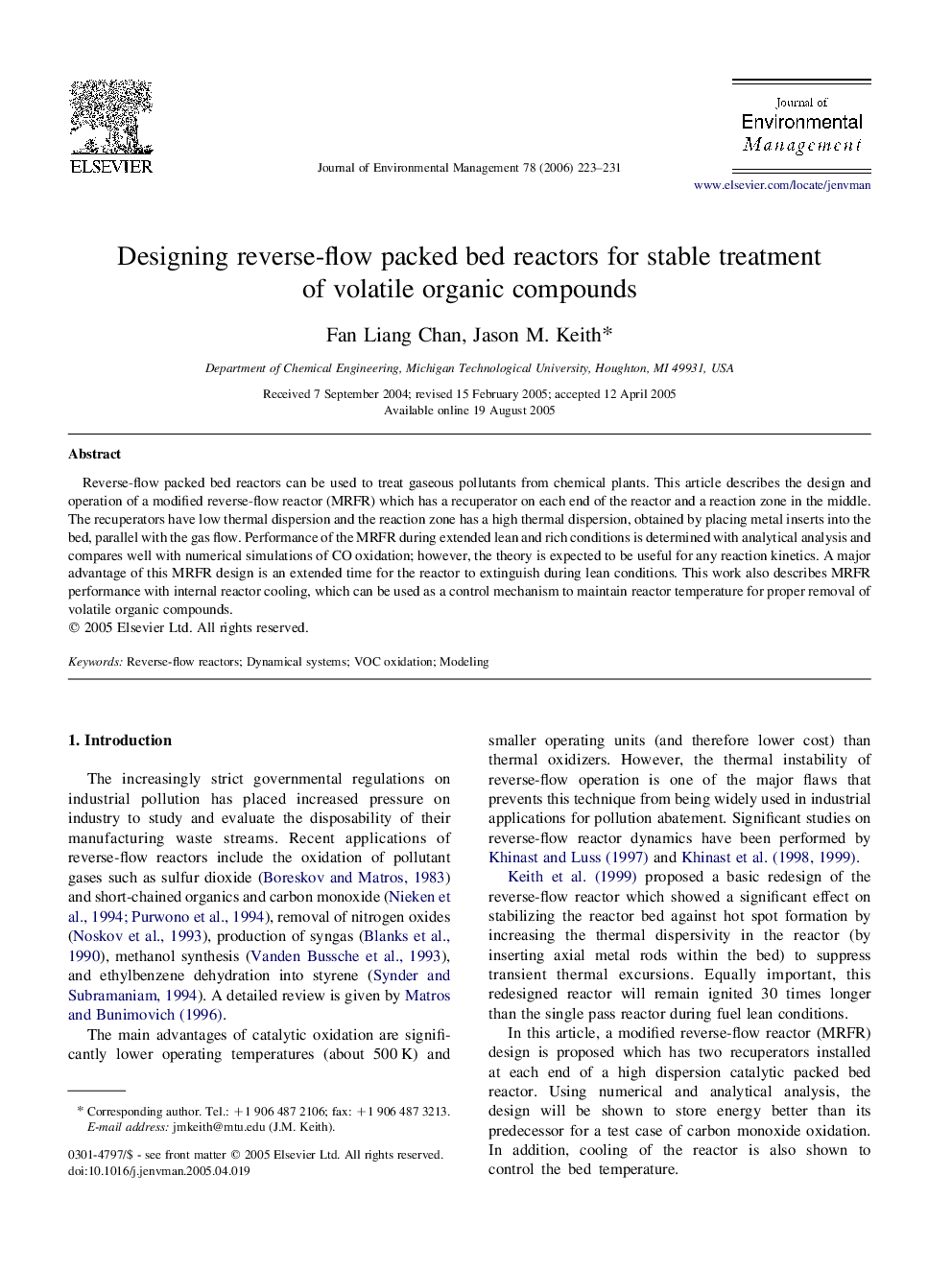 Designing reverse-flow packed bed reactors for stable treatment of volatile organic compounds