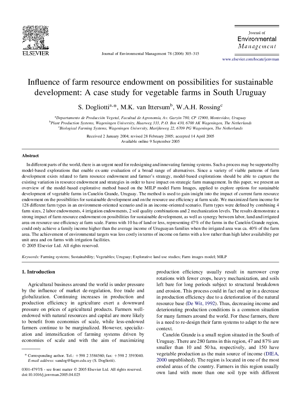 Influence of farm resource endowment on possibilities for sustainable development: A case study for vegetable farms in South Uruguay