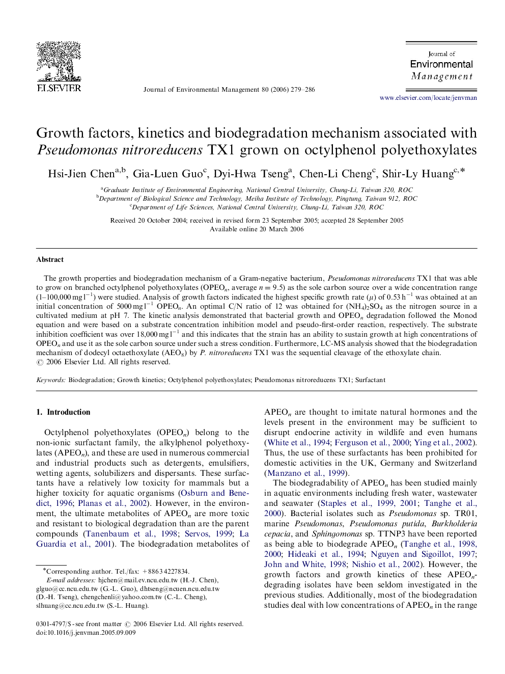 Growth factors, kinetics and biodegradation mechanism associated with Pseudomonas nitroreducens TX1 grown on octylphenol polyethoxylates