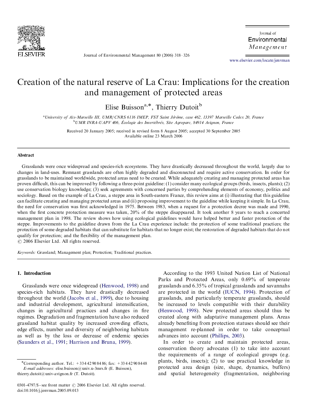 Creation of the natural reserve of La Crau: Implications for the creation and management of protected areas