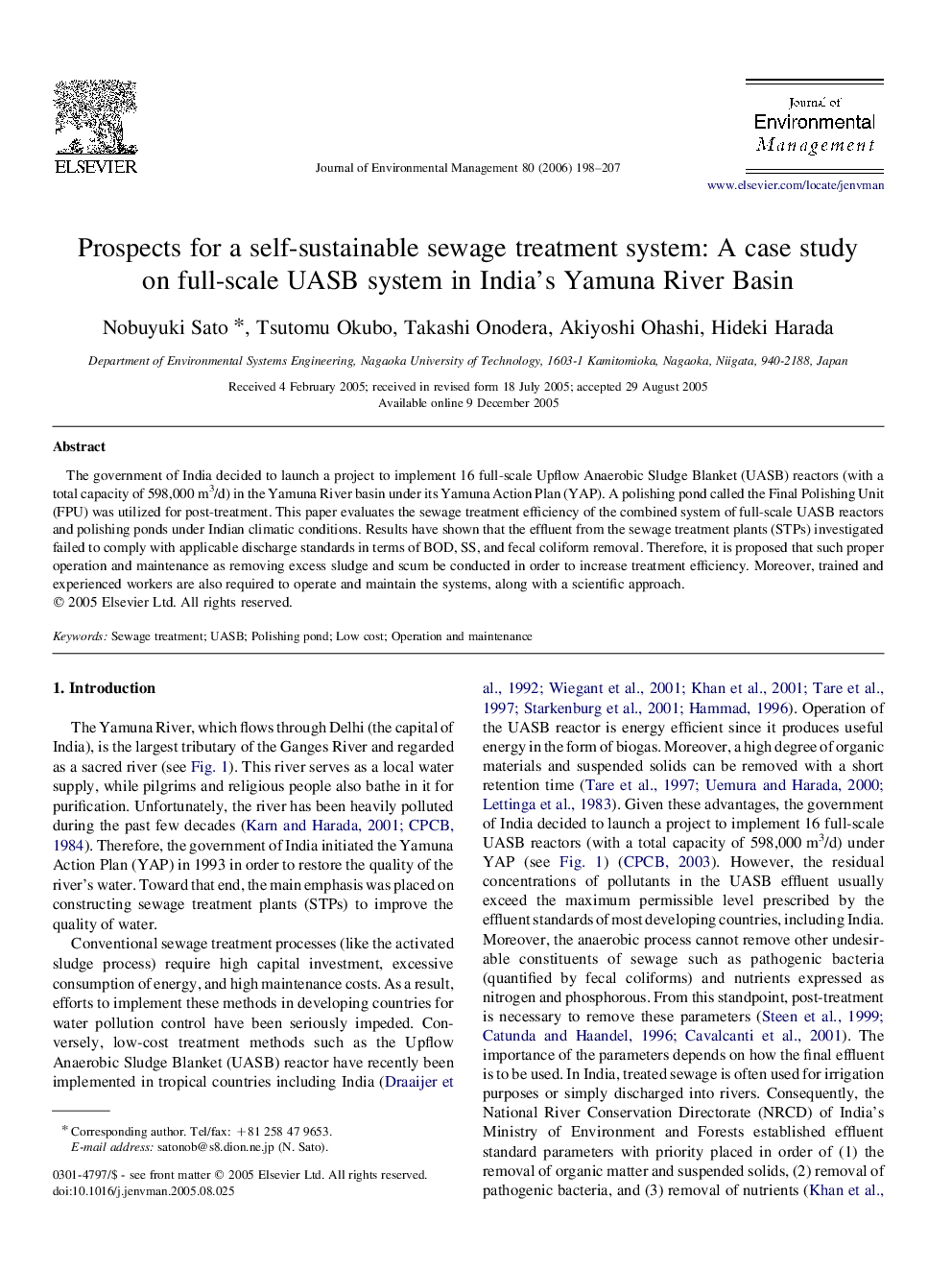 Prospects for a self-sustainable sewage treatment system: A case study on full-scale UASB system in India's Yamuna River Basin