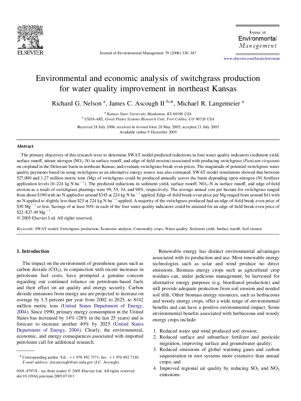 Environmental and economic analysis of switchgrass production for water quality improvement in northeast Kansas