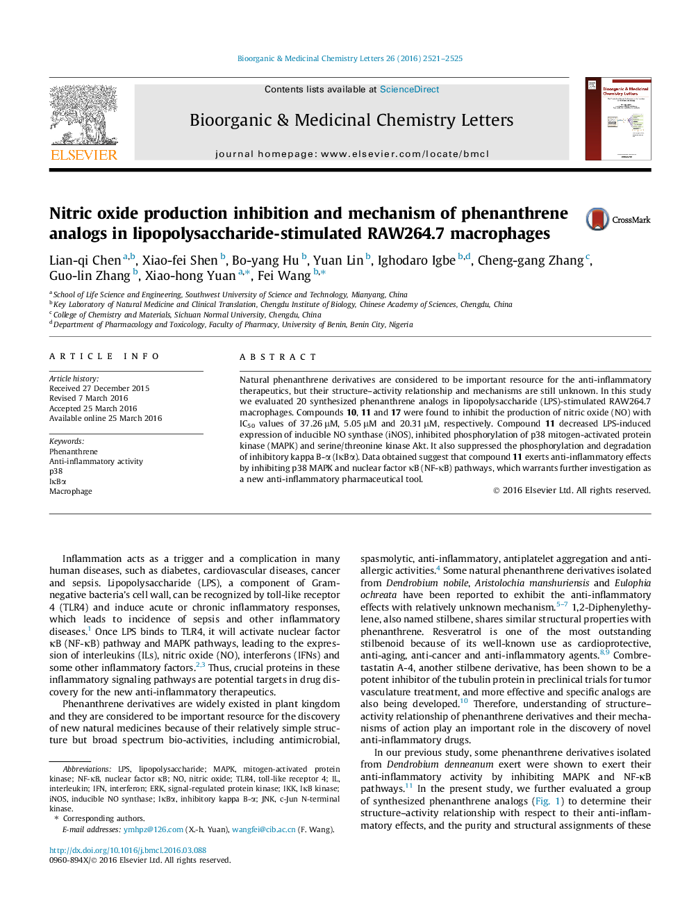 Nitric oxide production inhibition and mechanism of phenanthrene analogs in lipopolysaccharide-stimulated RAW264.7 macrophages