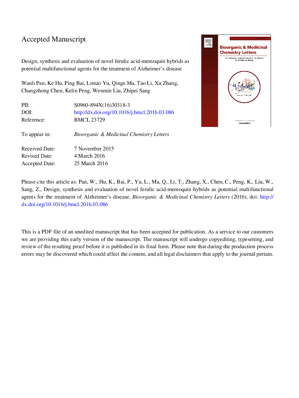 Design, synthesis and evaluation of novel ferulic acid-memoquin hybrids as potential multifunctional agents for the treatment of Alzheimer's disease