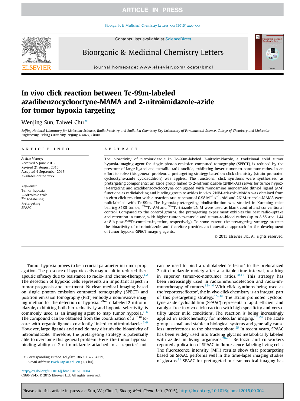 In vivo click reaction between Tc-99m-labeled azadibenzocyclooctyne-MAMA and 2-nitroimidazole-azide for tumor hypoxia targeting