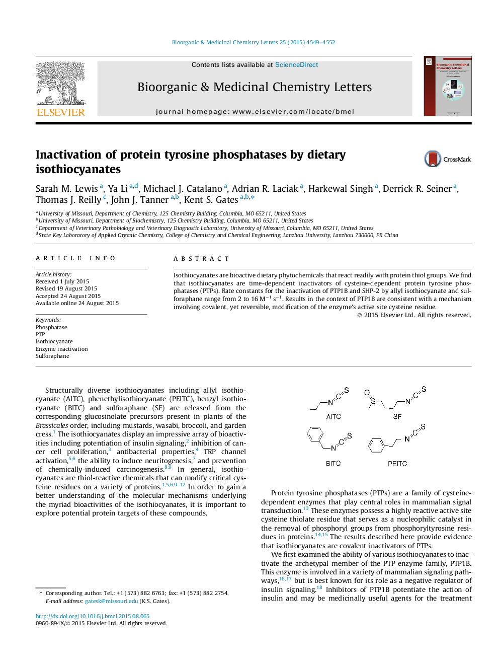 Inactivation of protein tyrosine phosphatases by dietary isothiocyanates