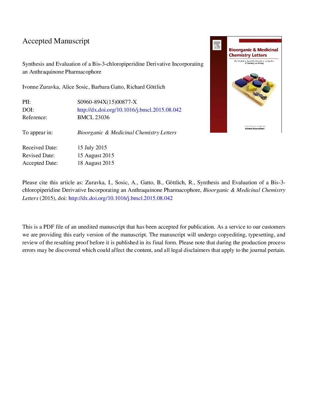 Synthesis and evaluation of a bis-3-chloropiperidine derivative incorporating an anthraquinone pharmacophore