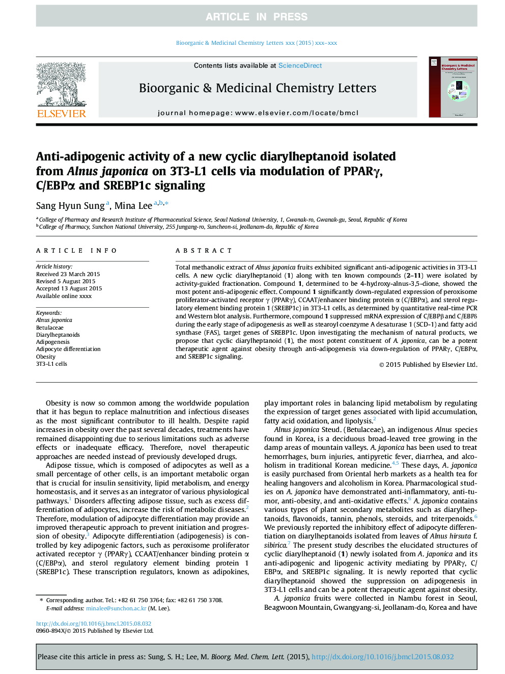 Anti-adipogenic activity of a new cyclic diarylheptanoid isolated from Alnus japonica on 3T3-L1 cells via modulation of PPARÎ³, C/EBPÎ± and SREBP1c signaling
