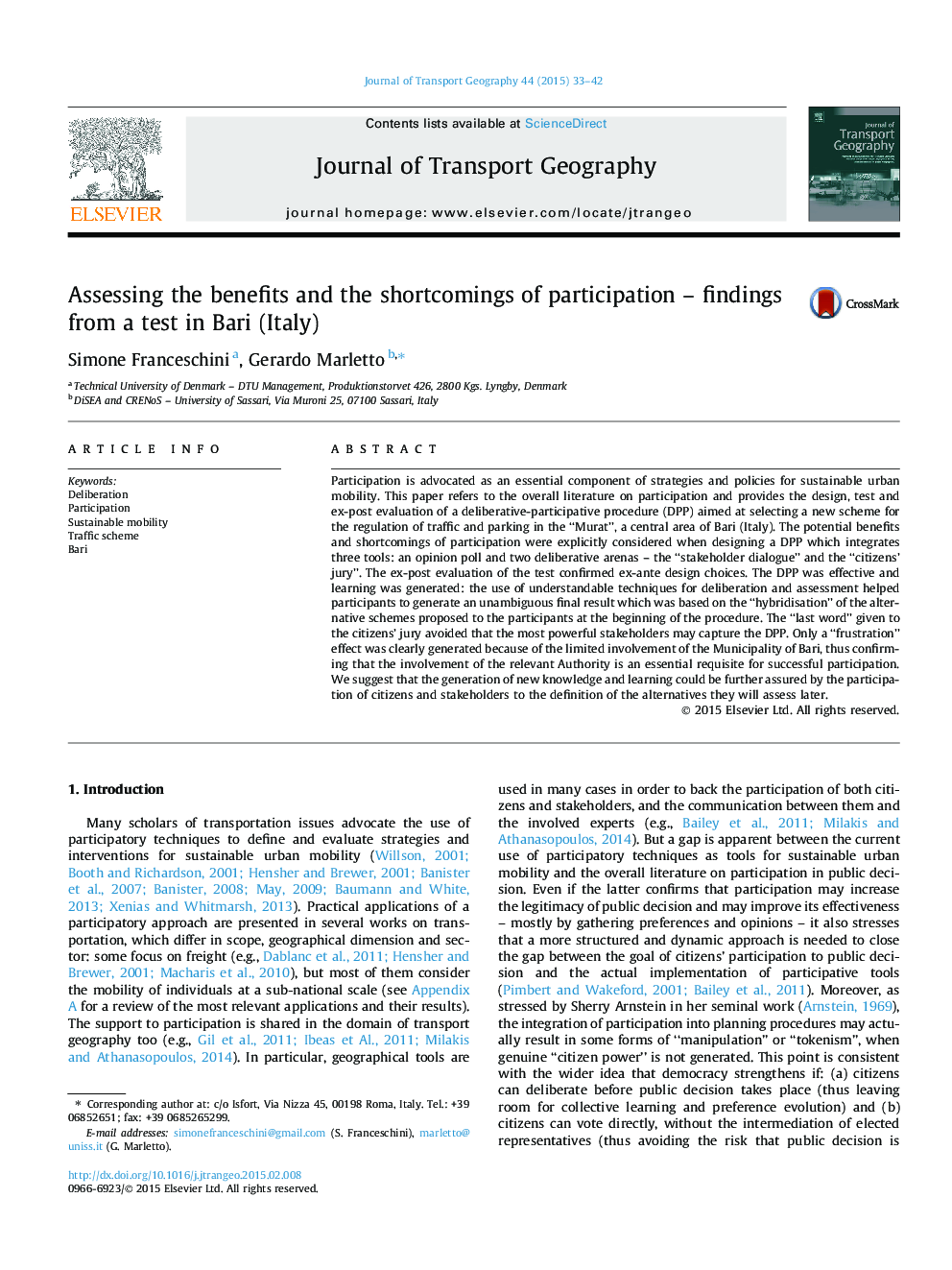 Assessing the benefits and the shortcomings of participation – findings from a test in Bari (Italy)