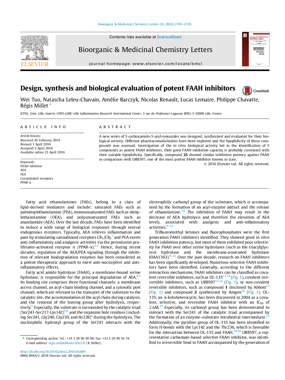 Design, synthesis and biological evaluation of potent FAAH inhibitors