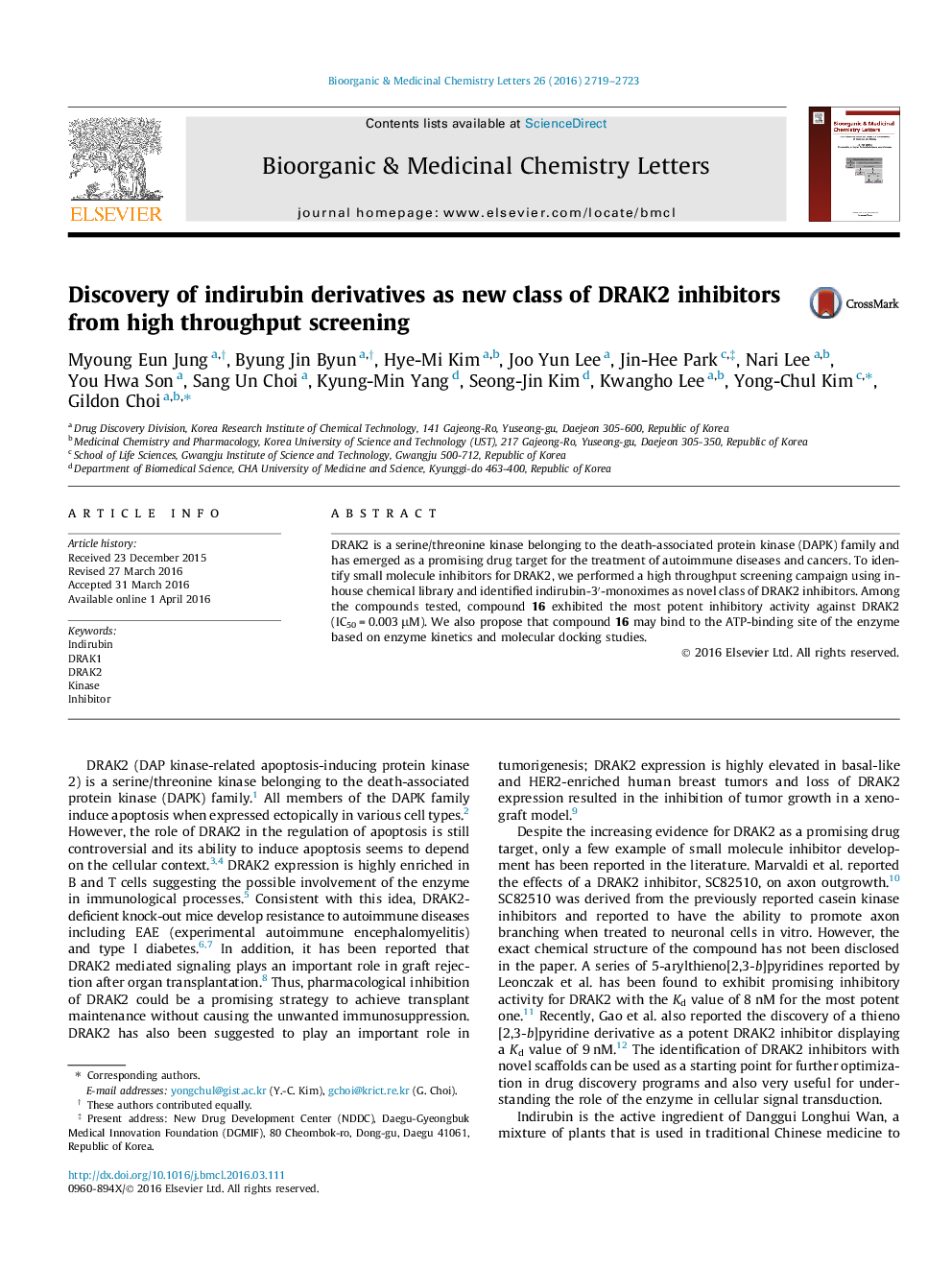 Discovery of indirubin derivatives as new class of DRAK2 inhibitors from high throughput screening