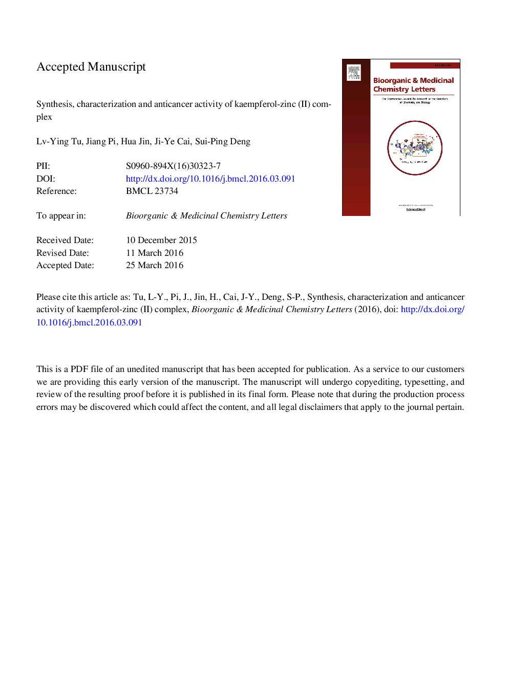 Synthesis, characterization and anticancer activity of kaempferol-zinc(II) complex