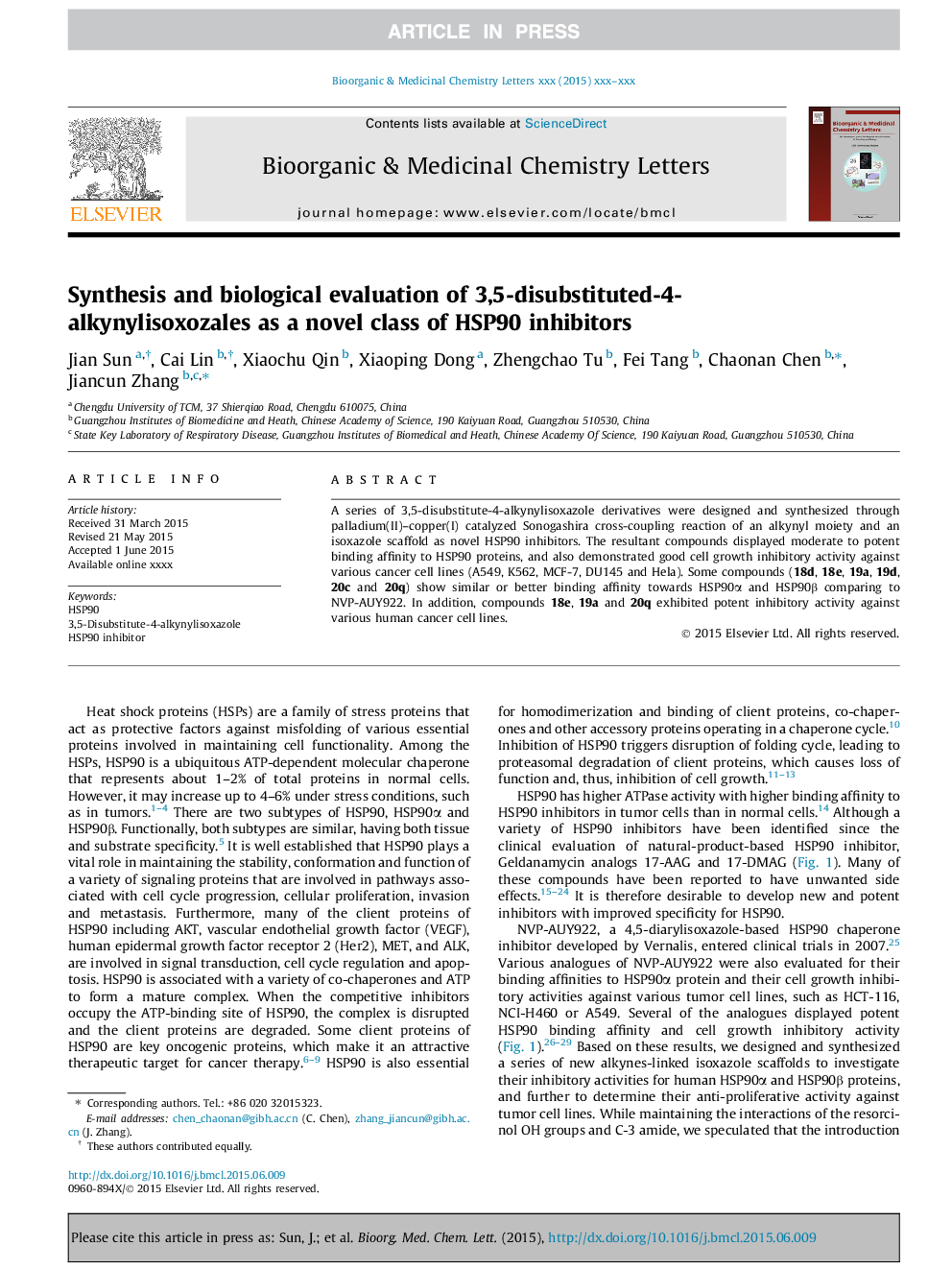 Synthesis and biological evaluation of 3,5-disubstituted-4-alkynylisoxozales as a novel class of HSP90 inhibitors