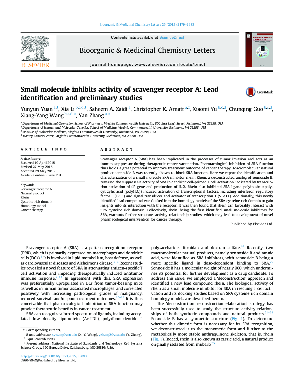 Small molecule inhibits activity of scavenger receptor A: Lead identification and preliminary studies