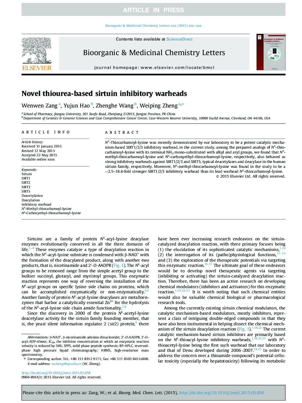 Novel thiourea-based sirtuin inhibitory warheads