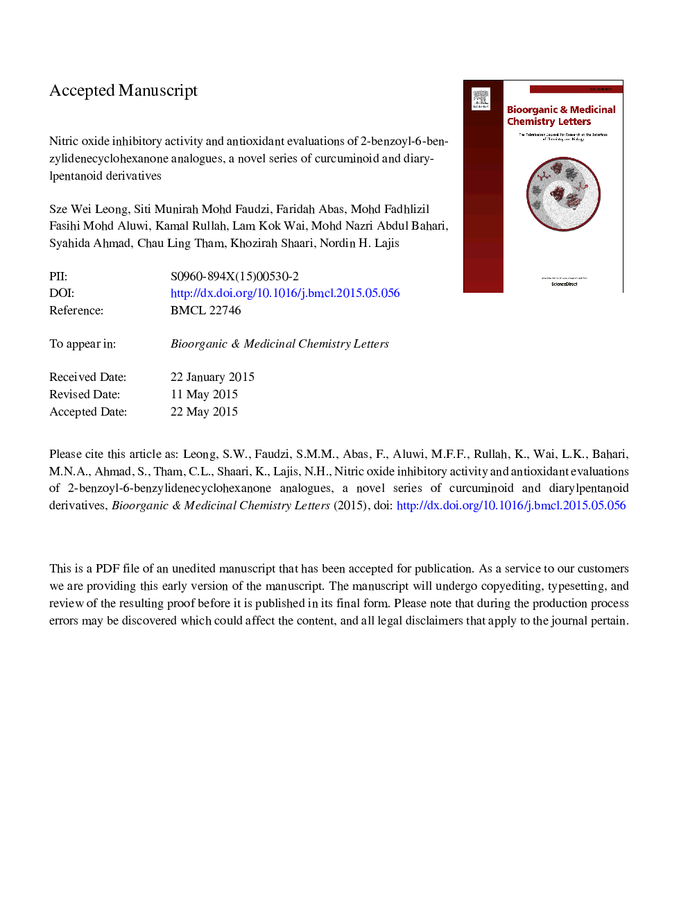 Nitric oxide inhibitory activity and antioxidant evaluations of 2-benzoyl-6-benzylidenecyclohexanone analogs, a novel series of curcuminoid and diarylpentanoid derivatives