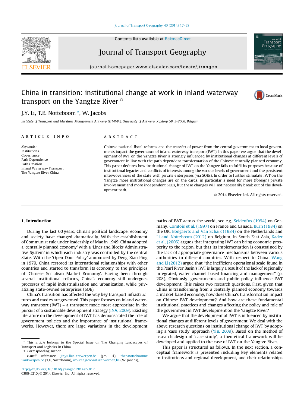 China in transition: institutional change at work in inland waterway transport on the Yangtze River 