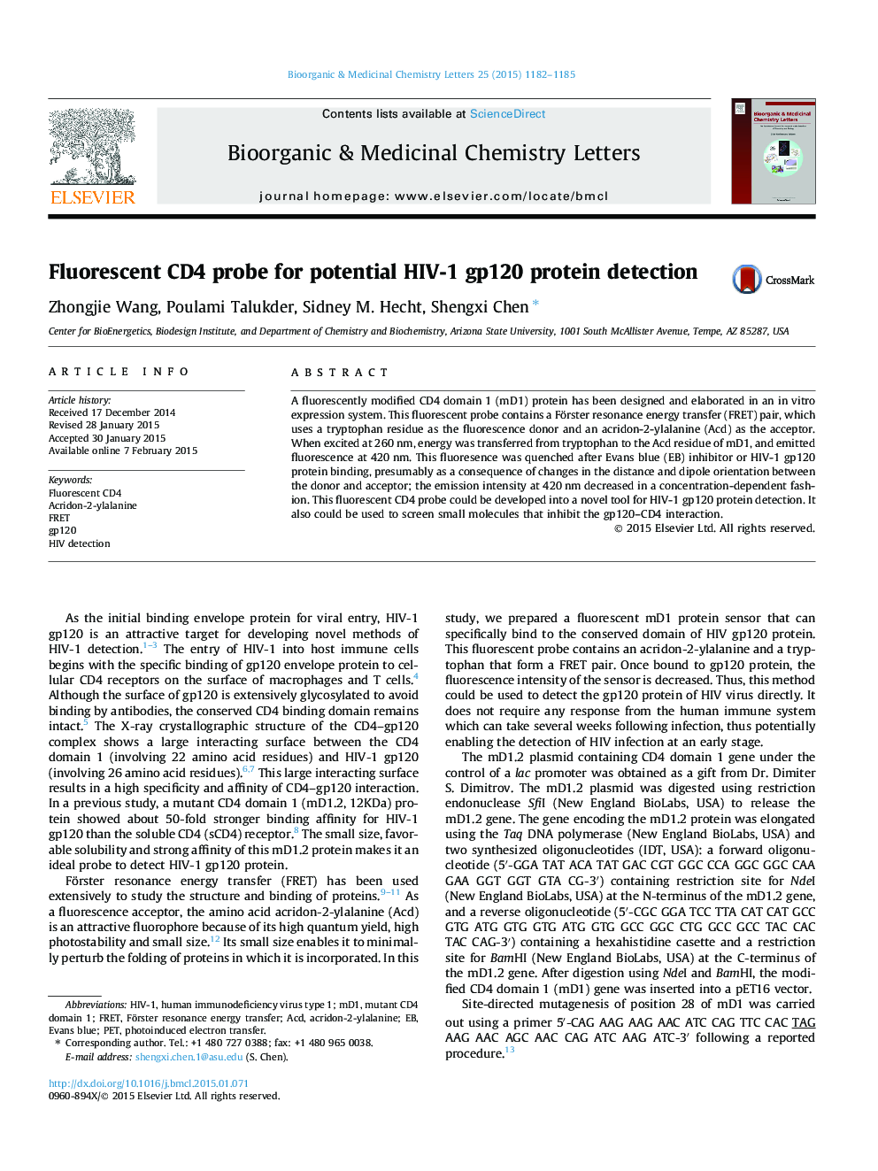 Fluorescent CD4 probe for potential HIV-1 gp120 protein detection